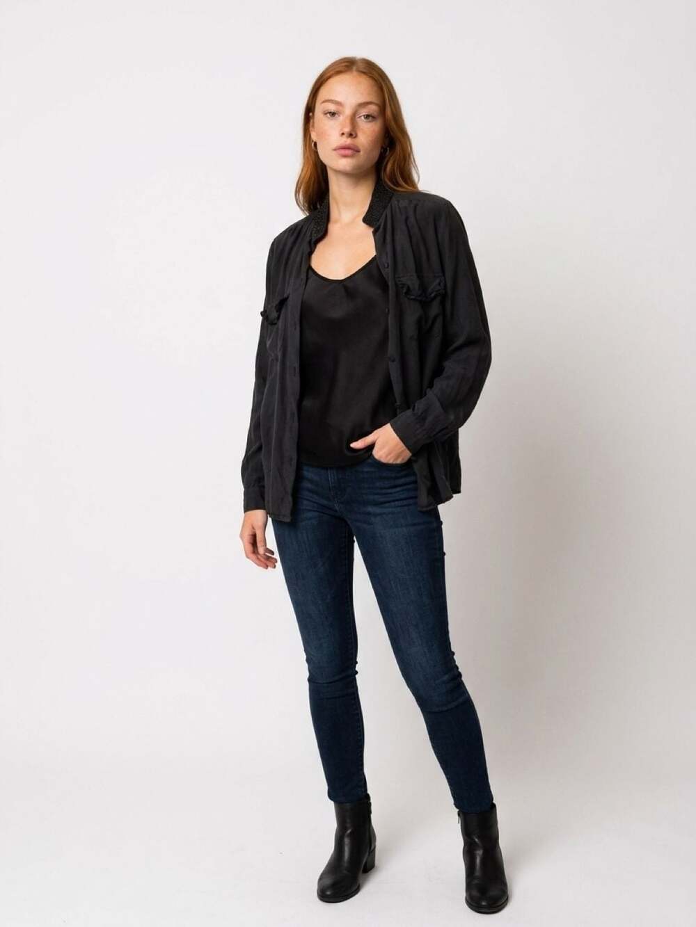Jasmine Embroidered Black Button-Down shirt